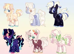 Size: 1049x761 | Tagged: safe, artist:bishopony, oc, unofficial characters only, earth pony, pegasus, pony, unicorn, adoptable, alternate design, base used, bow, coat markings, colored hooves, female, freckles, gradient background, hair bow, image, jpeg, mare, multicolored hair, socks (coat marking), twitterina design, unshorn fetlocks