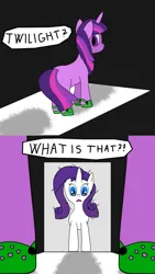 Size: 1080x1920 | Tagged: safe, artist:auro, derpibooru import, rarity, twilight sparkle, between legs, comic, crazy face, crocs, duo, faic, from behind, image, messy mane, png, shadow, speech, speech bubble, talking, text, twilight crockle