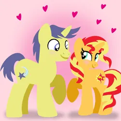 Size: 1400x1400 | Tagged: safe, artist:mlplary6, derpibooru import, comet tail, sunset shimmer, pony, unicorn, blushing, boyfriend and girlfriend, cometshimmer, female, heart, image, looking at each other, looking at someone, love, male, mare, png, shipping, smiling, smiling at each other, stallion, straight