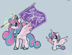 Size: 748x573 | Tagged: safe, artist:petaltwinkle, derpibooru import, princess flurry heart, alicorn, pony, adult flurry heart, baby, baby pony, flag, glow, glowing horn, gray background, hoof shoes, horn, image, jpeg, older, older flurry heart, peytral, princess shoes, simple background, spread wings, wings