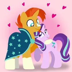 Size: 1400x1400 | Tagged: safe, artist:mlplary6, derpibooru import, starlight glimmer, sunburst, pony, unicorn, boyfriend and girlfriend, clothes, female, glasses, heart, image, looking at each other, looking at someone, love, male, mare, png, shipping, smiling, smiling at each other, stallion, starburst, straight