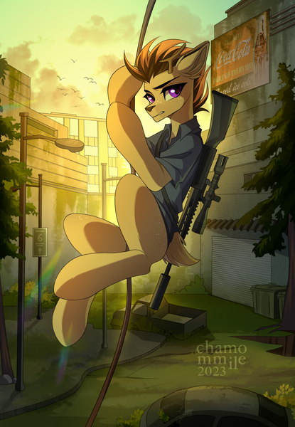 Size: 2075x3000 | Tagged: safe, artist:chamommile, derpibooru import, oc, unofficial characters only, deer, deer pony, earth pony, hybrid, original species, pony, fallout equestria, ammunition, angry face, apocalypse, clothes, commission, deer oc, earth pony oc, fallout, gun, horns, image, looking at you, looking back, looking back at you, non-pony oc, png, purple eyes, rifle, shirt, sniper, sniper rifle, solo, sunset, uniform, weapon, ych result, yellow skin