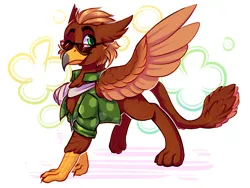 Size: 1600x1200 | Tagged: safe, artist:falafeljake, derpibooru import, oc, oc:pavlos, unofficial characters only, gryphon, bandage, broken bone, broken wing, cast, chest fluff, claws, clothes, colored wings, eared griffon, griffon oc, image, injured, one eye closed, one wing out, paws, png, shirt, simple background, sling, solo, sunglasses, wings, wink