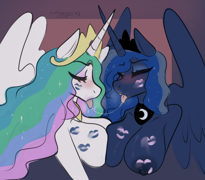Size: 2048x1799 | Tagged: questionable, artist:cumcadaver, derpibooru import, princess celestia, princess luna, alicorn, anthro, areola, big breasts, blue lipstick, blushing, breast squish, breasts, busty princess celestia, busty princess luna, drool, drool string, ethereal mane, eyes closed, eyeshadow, feathered wings, female, horn, image, incest, jewelry, kiss mark, lesbian, lipstick, long horn, makeup, nipples, nudity, open mouth, peytral, pink lipstick, png, princest, royal sisters, shipping, siblings, sisters, starry mane, tiara, tongue out, wings