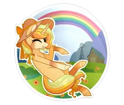 Size: 955x807 | Tagged: safe, artist:princess-of-the-nigh, derpibooru import, oc, oc:sunny glow, pony, unicorn, female, hat, image, mare, png, rainbow, solo, windmill