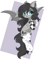 Size: 1126x1542 | Tagged: safe, artist:cinnamontee, derpibooru import, oc, oc:boggy, unofficial characters only, bat, bat pony, pony, bat pony oc, bat wings, clothes, flying, hooves to the chest, image, png, simple background, socks, solo, stockings, thigh highs, wings