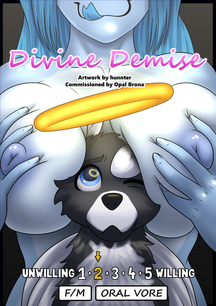 Size: 1984x2806 | Tagged: questionable, derpibooru import, oc, oc:opal brona, dog, pony, comic:divine demise, angel, digestion, fatal vore, halo, image, oral vore, png, soft vore, unwilling, unwilling prey, unwilling vore, vore