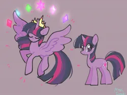 Size: 1509x1120 | Tagged: safe, artist:petaltwinkle, derpibooru import, twilight sparkle, twilight sparkle (alicorn), alicorn, pony, unicorn, crown, element of generosity, element of honesty, element of kindness, element of laughter, element of loyalty, element of magic, elements of harmony, eyes closed, female, flying, gray background, image, jewelry, jpeg, mare, regalia, simple background, solo, spread wings, unicorn twilight, wings