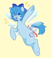 Size: 2170x2406 | Tagged: safe, artist:beetlepaws, derpibooru import, ponified, pony, belly, blue, blue eyes, blue hair, blue mane, blue tail, bow, cirno, colored, cutie mark, flying, high res, image, open mouth, png, raised hoof, round belly, simple background, tail, tail bow, touhou, underhoof, wings
