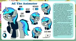 Size: 5450x2974 | Tagged: safe, artist:jennieoo, derpibooru import, oc, oc:ac the animator, pony, unicorn, bio, commission, cutie mark, eye, eyes, glasses, happy, image, looking at you, one eye closed, png, reference, reference sheet, shocked, shocked expression, smiling, smiling at you, solo, wink