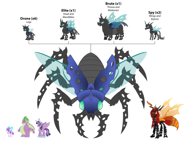 Size: 4000x3043 | Tagged: safe, artist:aleximusprime, derpibooru import, princess flurry heart, queen chrysalis, spike, twilight sparkle, oc, alicorn, changeling, dragon, insect, pony, big crown thingy, bow, changeling brute, changeling drone, changeling elite, changeling oc, changeling spy, combine, combined form, combiner, compound eyes, element of magic, fat, fat spike, female, filly, final form, foal, fusion, half-life, hyper chrysalis, image, insect wings, insectoid, jewelry, male and female, mare, merge, merged form, png, regalia, scale, size chart, size comparison, spread wings, upgrade, wings