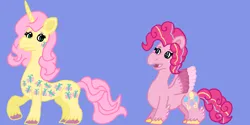 Size: 3000x1500 | Tagged: safe, artist:mintwhistle, derpibooru import, fluttershy, pinkie pie, pegasus, pony, twinkle eyed pony, unicorn, blue background, chubby, colored hooves, colored wings, duo, duo female, feathered fetlocks, female, fluttershy (g5 concept leak), freckles, g4, g5 concept leaks, image, looking at each other, looking at someone, mare, medibang paint, multicolored hair, multicolored mane, multicolored wings, open mouth, open smile, pegasus pinkie pie, pinkie pie (g5 concept leak), png, race swap, simple background, smiling, smiling at each other, spread wings, twice as fancy ponies, unicorn fluttershy, unshorn fetlocks, wings