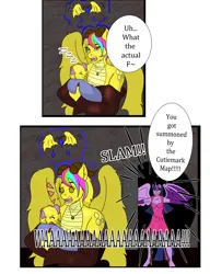 Size: 3000x3900 | Tagged: safe, artist:lullabyjak, derpibooru import, twilight sparkle, twilight sparkle (alicorn), oc, oc:igneous, oc:rachel, alicorn, anthro, dragon, baby, baby dragon, clothes, comic, crying, image, png, speech bubble