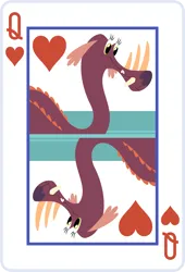 Size: 2000x2936 | Tagged: safe, artist:parclytaxel, derpibooru import, part of a set, tri-horned bunyip, female, image, lineless, playing card, png, queen of hearts, rotational symmetry, solo, vector, water