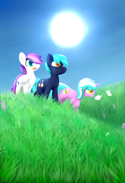 Size: 3900x5700 | Tagged: safe, artist:dshou, derpibooru import, oc, oc:blank canvas, oc:hoof beatz, oc:mane event, unofficial characters only, butterfly, earth pony, insect, pegasus, pony, unicorn, bronycon, absurd resolution, day, eye clipping through hair, female, field, grass, image, jpeg, lineless, male, mare, poster, stallion, standing, sun, trio