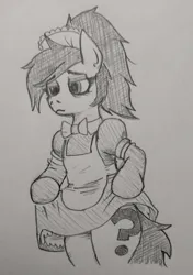 Size: 609x863 | Tagged: safe, artist:jargon scott, derpibooru import, oc, oc:anon-mare, unofficial characters only, earth pony, pony, bipedal, bowtie, clothes, curtsey, female, frown, gloves, grayscale, image, lidded eyes, long gloves, maid, mare, monochrome, pencil drawing, png, solo, traditional art