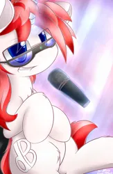 Size: 1250x1920 | Tagged: safe, artist:dshou, derpibooru import, oc, oc:dbpony, unofficial characters only, pony, unicorn, glasses, glow, glowing horn, horn, image, jpeg, levitation, looking at you, magic, microphone, sitting, smiling, smirk, solo, telekinesis