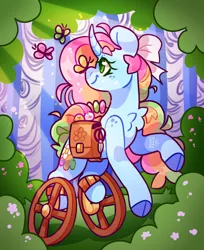 Size: 2214x2711 | Tagged: safe, artist:cocopudu, derpibooru import, oc, oc:sherbet blossom, unofficial characters only, butterfly, insect, pony, unicorn, amputee, bag, bow, butterfly on nose, chest fluff, cloven hooves, female, forest, freckles, hair bow, high res, image, insect on nose, jpeg, mare, saddle bag, shoulder freckles, smiling, solo, tree, wheelchair