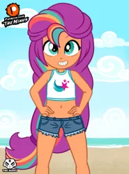 Size: 1329x1800 | Tagged: safe, artist:theminus, derpibooru import, sunny starscout, human, equestria girls, g5, beach, belly button, clothes, equestria girls-ified, g5 to equestria girls, generation leap, grin, image, jpeg, long hair, mane stripe sunny, midriff, patreon, patreon logo, shorts, smiling, solo, younger
