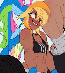 Size: 808x900 | Tagged: safe, artist:tangobat, derpibooru import, applejack, rainbow dash, human, alternate hairstyle, applejacked, belly button, breasts, clothes, colored wings, dark skin, delicious flat chest, eared humanization, female, humanized, image, looking up, medium support, meme, multicolored wings, muscles, muscular female, offscreen character, png, ponytail, rainbow flat, rainbow wings, rainbuff dash, red face, solo focus, sports bra, sweat, weight lifting, weights, winged humanization, wings, wip