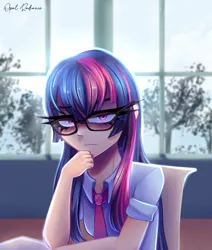 Size: 2408x2840 | Tagged: safe, artist:opal_radiance, derpibooru import, twilight sparkle, human, pony, equestria girls, annoyed, bishoujo, clothes, humanized, image, long eyelashes, png, school uniform, solo