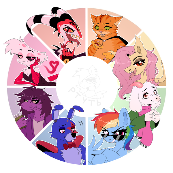 Size: 3000x3000 | Tagged: safe, artist:rtootb, derpibooru import, fluttershy, rainbow dash, bat pony, cat, imp, pegasus, pony, angel dust (hazbin hotel), bat ponified, bat wings, blitzo, blood, blushing, bonnie (fnaf), chalk, circle, clothes, cooler, cute, deltarune, eyeshadow, fangs, female, five nights at freddy's, five nights at freddy's: security breach, flutterbat, glasses, hazbin hotel, helluva boss, horns, image, looking at you, makeup, mare, open mouth, png, puss in boots, race swap, ralsei, scarf, simple background, simple shading, smiling, smoking, spread wings, susie (deltarune), tongue out, wings