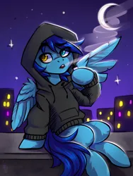 Size: 4800x6400 | Tagged: safe, artist:falafeljake, derpibooru import, oc, oc:apply, unofficial characters only, pegasus, blue fur, blue mane, city, clothes, heterochromia, hoodie, image, moon, night, outdoors, png, sitting, solo, vape, vaping