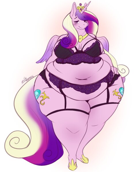 Size: 1610x2000 | Tagged: suggestive, artist:kibblesyourbits, derpibooru import, princess cadance, alicorn, anthro, pony, unguligrade anthro, bbw, bedroom eyes, belly button, big breasts, blushing, bra, breasts, busty princess cadance, clothes, eyebrows, eyebrows visible through hair, fat, female, garter belt, hand on hip, image, impossibly wide hips, jpeg, lingerie, looking at you, mare, panties, princess decadence, simple background, smiling, smiling at you, solo, solo female, thighs, thunder thighs, underwear, white background, wide hips