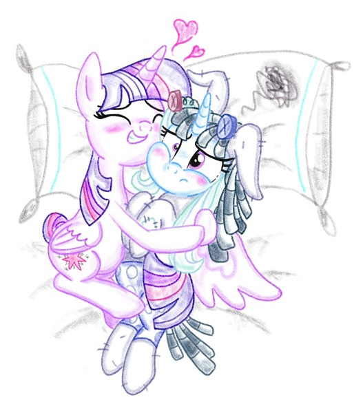 Size: 1166x1328 | Tagged: safe, artist:jack107401, derpibooru import, smarty pants, trixie, twilight sparkle, twilight sparkle (alicorn), alicorn, bed, clothes, cosplay, costume, frown, heart, image, jpeg, pillow, smiling