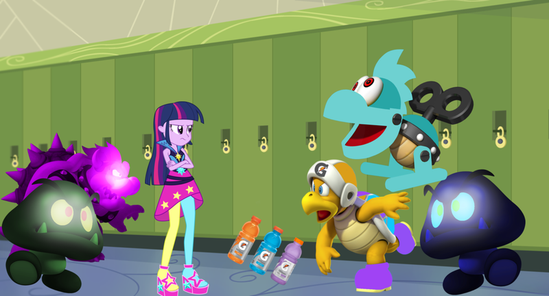 Size: 1216x657 | Tagged: suggestive, derpibooru import, twilight sparkle, oc, oc:bubble virtual virus, oc:diamond mechakoopa, equestria girls, rainbow rocks, angry, dark virtual goomba, gatorade bro, goomba, image, lockers, mechakoopa, png, super mario bros., virtual goomba, virtual virus