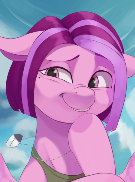 Size: 2340x3150 | Tagged: safe, artist:fly over, derpibooru import, oc, pegasus, pony, equestria at war mod, bust, clothes, dog tags, female, flying, image, mare, pegasus oc, png, portrait, shirt, sleeveless, sleeveless shirt, wings