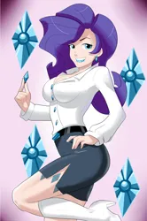 Size: 1024x1538 | Tagged: safe, artist:solfei, derpibooru import, rarity, human, belt, blouse, blue lipstick, boots, clothes, cutie mark background, grin, hand on hip, high heel boots, humanized, image, lipstick, pencil skirt, png, shoes, skirt, smiling, solo, standing, standing on one leg
