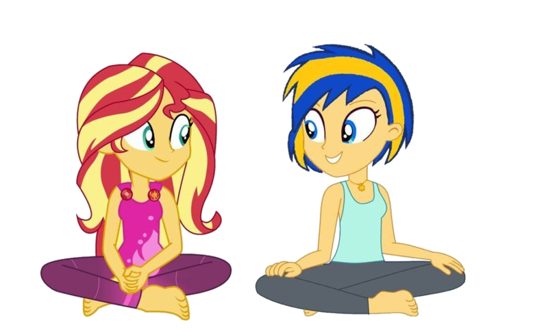 Size: 900x540 | Tagged: safe, artist:mlpfan3991, derpibooru import, sunset shimmer, oc, oc:flare spark, human, equestria girls, equestria girls series, wake up!, spoiler:eqg series (season 2), clothes, female, image, jewelry, looking at each other, looking at someone, necklace, pants, png, simple background, smiling, tanktop, transparent background, yoga, yoga pants