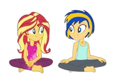 Size: 900x540 | Tagged: safe, artist:mlpfan3991, derpibooru import, sunset shimmer, oc, oc:flare spark, human, equestria girls, equestria girls series, wake up!, spoiler:eqg series (season 2), clothes, female, image, jewelry, looking at each other, looking at someone, necklace, pants, png, simple background, smiling, tanktop, transparent background, yoga, yoga pants