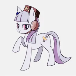 Size: 1500x1500 | Tagged: safe, artist:越水, derpibooru import, ponified, earth pony, pony, female, gold ship, hat, image, jpeg, looking at you, mare, raised hoof, simple background, smiling, solo, uma musume pretty derby, white background