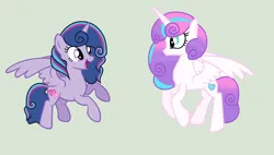 Size: 2128x1208 | Tagged: safe, artist:xxbrowniepawxx, derpibooru import, princess flurry heart, oc, oc:crystal sky, alicorn, pony, base used, duo, duo female, female, flying, image, mare, offspring, older, older flurry heart, parent:princess cadance, parent:shining armor, parents:shiningcadance, png, simple background
