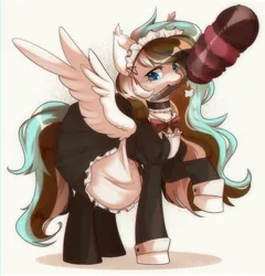 Size: 2788x2908 | Tagged: oc name needed, safe, artist:pledus, derpibooru import, oc, unofficial characters only, pegasus, pony, blushing, bow, choker, chromatic aberration, clothes, dress, duster, image, jpeg, looking at you, maid, maid headdress, pegasus oc, raised leg, shadow, signature, simple background, socks, solo, stockings, thigh highs, white background, wings