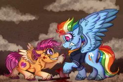 Size: 1280x854 | Tagged: semi-grimdark, artist:milledpurple, derpibooru import, rainbow dash, scootaloo, pegasus, pony, the last problem, 2020, abstract background, axe, blood, blood stains, bloodshot eyes, cloud, deviantart watermark, female, filly, foal, image, implied murder, jpeg, looking at each other, looking at someone, mare, obtrusive watermark, older, older rainbow dash, scared, scootobsession, this will end in death, this will end in tears, this will end in tears and/or death, watermark, weapon, yandereloo