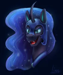 Size: 1100x1306 | Tagged: safe, artist:lima-laym, derpibooru import, nightmare moon, alicorn, pony, black background, blue eyes, blue mane, bust, curved horn, digital art, ethereal mane, eyelashes, fangs, female, flowing mane, g4, helmet, horn, image, jpeg, mare, open mouth, open smile, peytral, portrait, signature, simple background, smiling, solo, sparkles, starry mane, stars, teeth