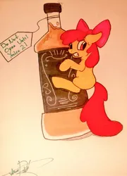 Size: 738x1024 | Tagged: safe, artist:jorobro, derpibooru import, apple bloom, earth pony, pony, alcohol, bottle, drink, female, filly, foal, image, jpeg, label, solo, text, tiny, tiny ponies, traditional art