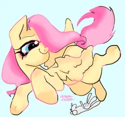 Size: 1125x1051 | Tagged: safe, artist:amethbelle, derpibooru import, angel bunny, fluttershy, pegasus, pony, rabbit, animal, dot eyes, duo, duo male and female, female, female focus, flying, g4, hair over one eye, image, male, mare, open mouth, png, signature, smiling, solo focus, spread wings, tail, wings
