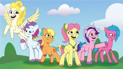 Size: 2400x1350 | Tagged: safe, artist:prixy05, derpibooru import, applejack (g1), firefly, posey (g5), sparkler (g1), surprise, twilight (g1), earth pony, pegasus, pony, unicorn, g1, g5, my little pony: tell your tale, bow, flying, g1 six, g1 to g5, generation leap, image, mane six (g1), png