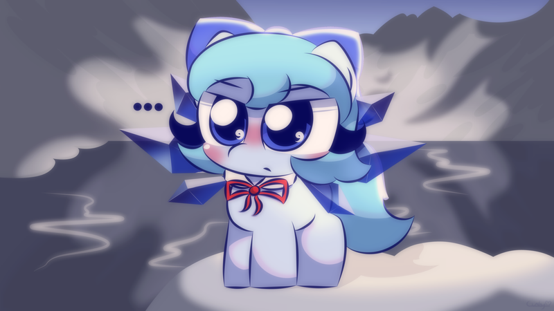Size: 3840x2160 | Tagged: safe, artist:cushyhoof, derpibooru import, ponified, fairy, fairy pony, original species, pony, ..., 4k, blushing, bow, cirno, crystal wings, cute, fairy wings, female, high res, ice, image, lake, mare, mountain, png, snow, solo, touhou, unamused, water, wings
