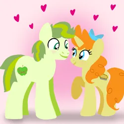Size: 1400x1400 | Tagged: safe, artist:mlplary6, derpibooru import, apple bud, pumpkin cake, earth pony, pony, unicorn, blushing, bow, boyfriend and girlfriend, female, hair bow, heart, image, looking at each other, looking at someone, love, male, mare, older, older apple bud, older pumpkin cake, png, pumpkinbud, shipping, smiling, smiling at each other, stallion, straight