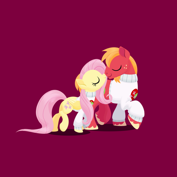 Size: 2160x2160 | Tagged: safe, anonymous artist, derpibooru import, big macintosh, fluttershy, earth pony, pegasus, pony, series:fm holidays, boop, clothes, cute, cutie mark clothing, eyes closed, female, fluttermac, height difference, high res, image, lineless, male, mare, noseboop, png, purple background, raised hoof, shipping, simple background, stallion, straight, sweater, turned head