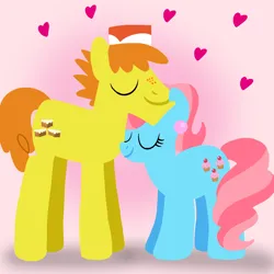 Size: 1400x1400 | Tagged: safe, artist:mlplary6, derpibooru import, carrot cake, cup cake, earth pony, pony, eyes closed, female, hat, heart, husband and wife, image, love, male, mare, png, shipping, stallion, straight, the cakes