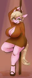 Size: 752x1826 | Tagged: suggestive, artist:whydomenhavenipples, ponerpics import, ponybooru import, oc, oc:reppy, unofficial characters only, anthro, earth pony, unguligrade anthro, big breasts, blushing, boob window, breasts, cleavage, clothes, dress, ear piercing, earring, ears, eyeshadow, female, floppy ears, high heels, huge breasts, image, jewelry, leaning, leaning back, lidded eyes, lipstick, looking at you, makeup, piercing, png, pole, raised leg, shoes, smiling, solo, solo female, wide hips