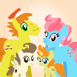 Size: 1400x1400 | Tagged: safe, artist:mlplary6, derpibooru import, carrot cake, cup cake, pound cake, pumpkin cake, earth pony, pegasus, pony, unicorn, bow, cake twins, colt pound cake, family, female, filly pumpkin cake, hair bow, hat, husband and wife, image, looking at each other, looking at someone, looking at you, male, mare, png, shipping, siblings, smiling, smiling at you, stallion, straight, the cakes, twins
