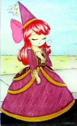 Size: 638x1040 | Tagged: safe, artist:liaaqila, derpibooru import, edit, apple bloom, human, equestria girls, bow, clothes, cropped, dress, gown, hat, hennin, image, jpeg, long sleeves, princess, princess apple bloom, relaxed, relieved, sigh, solo, traditional art