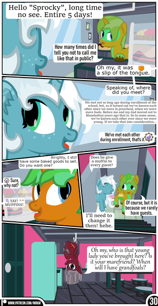 Size: 1519x2942 | Tagged: safe, artist:mrkm, derpibooru import, oc, oc:caramel star(mrkm), oc:cherry night, oc:electric silver light, oc:hard sprocket, unofficial characters only, bat pony, pony, unicorn, comic:synthesis, bat pony oc, bat wings, cake, door, female, food, hanging, hanging by tail, hanging upside down, horn, image, male, mare, muffin, png, stairs, stallion, unicorn oc, unshorn fetlocks, upside down, window, wings